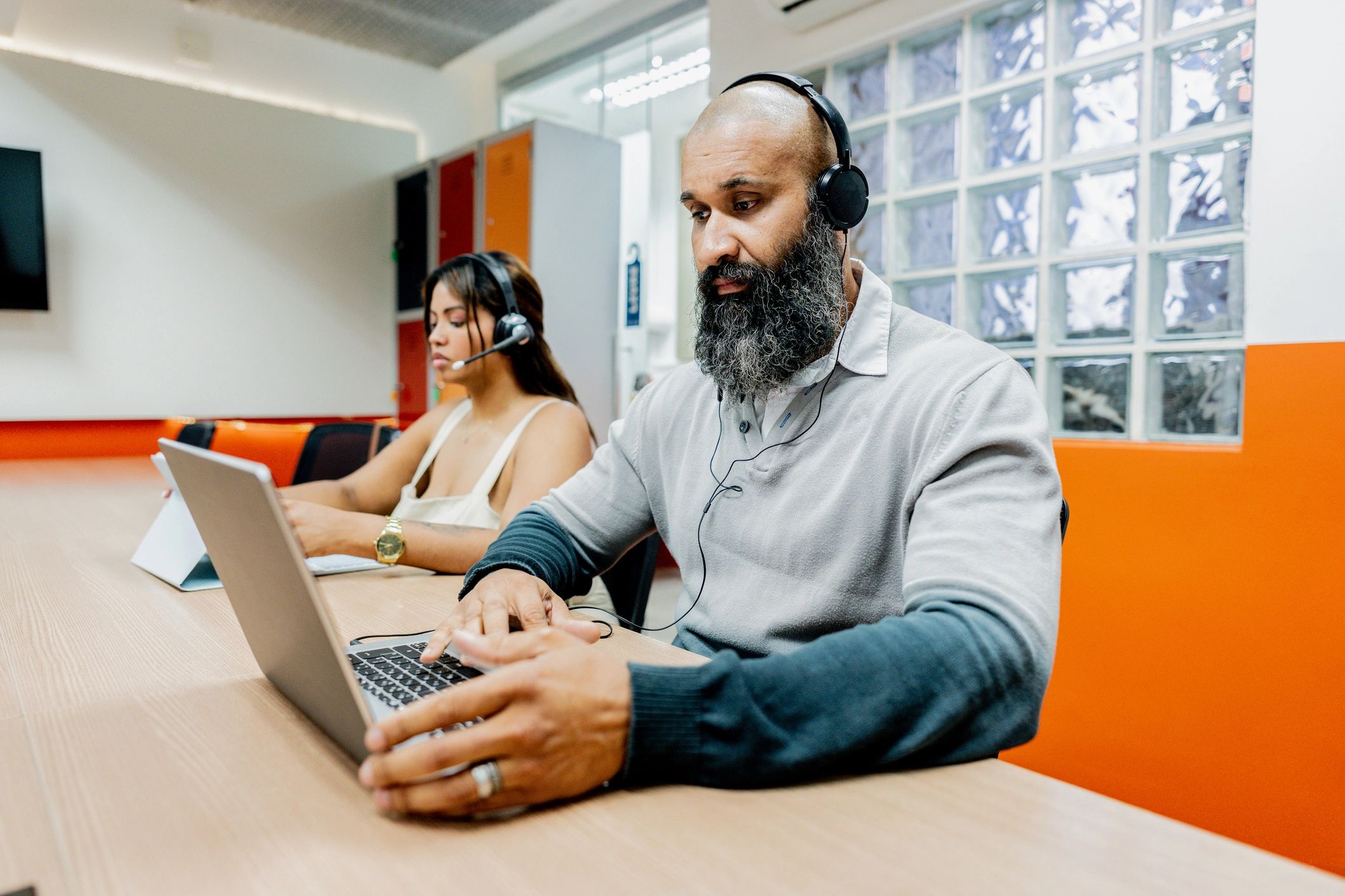 Customer support professional wearing a headset